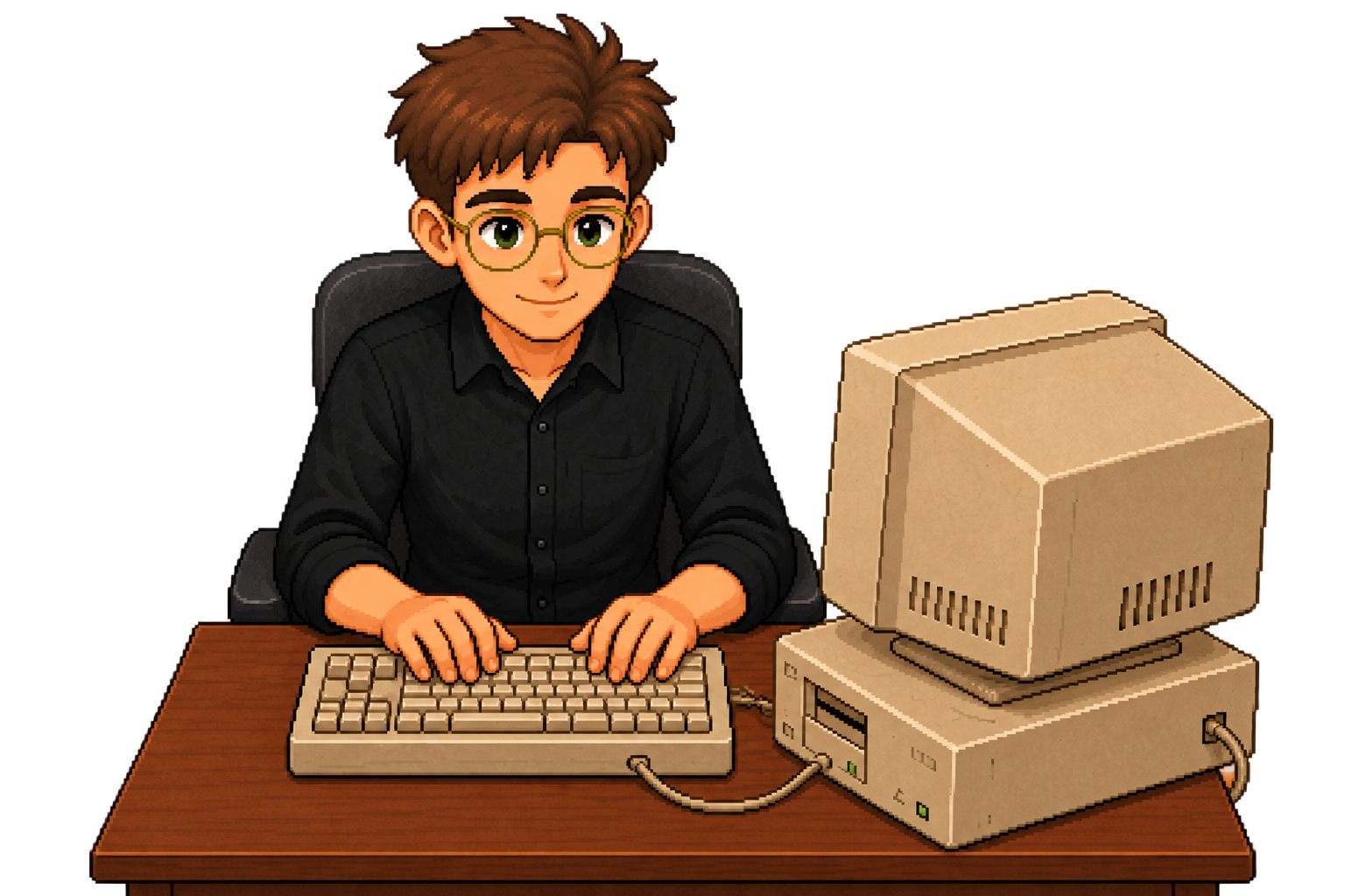 Personaje de OgaData trabajando en una computadora retro